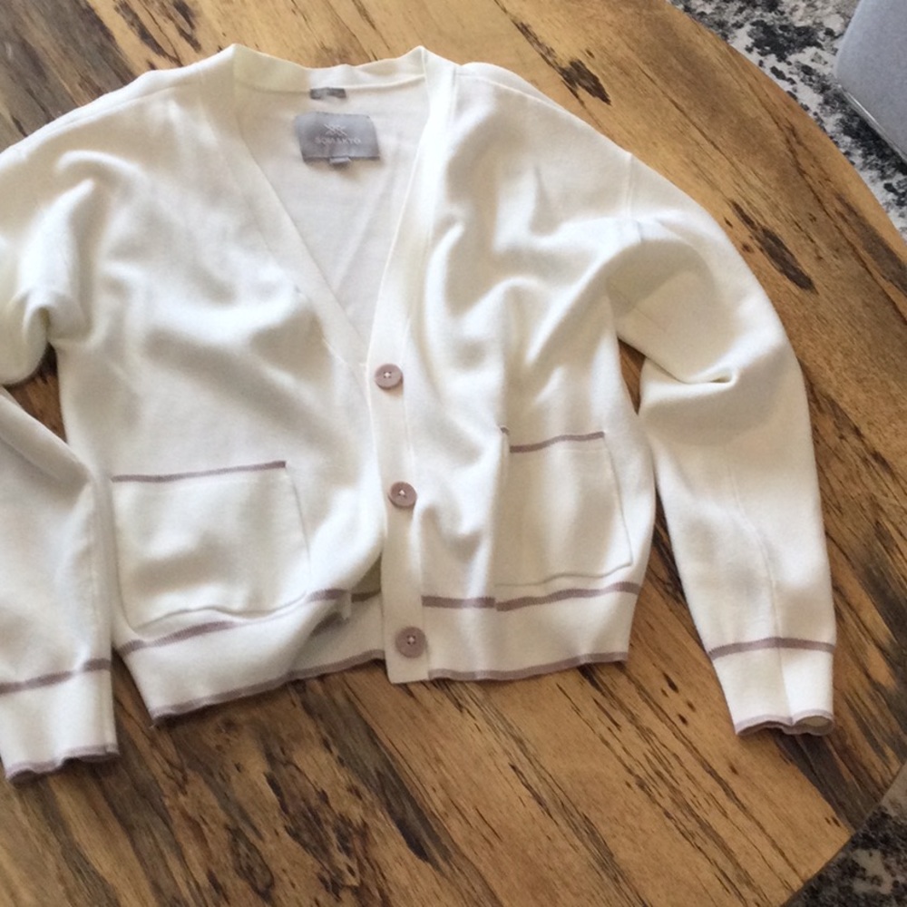 Cream Button-Front Women's Cardigan with Subtle Taupe Trim